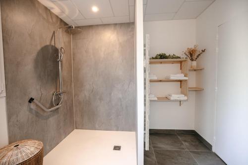 a shower stall in a bathroom with a wall at La Villa de Pen ar Menez terre & mer avec spa in Plouider