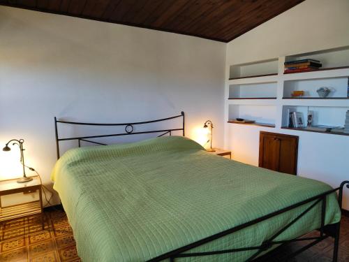 a bedroom with a bed with a green comforter at Villa per gruppi in Casa Santa Lucia