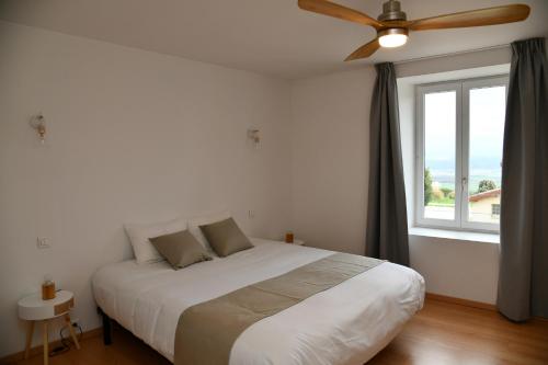 a bedroom with a bed with a ceiling fan and a window at Domaine des Étoiles - Gîtes in Gillonnay