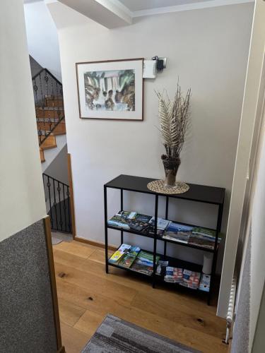 a room with a black book shelf with books at B&B Millenium House in Plitvička Jezera