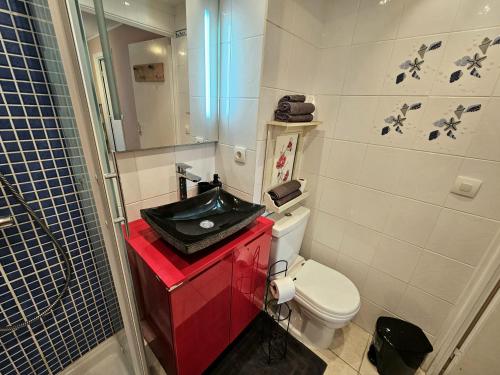 une salle de bain avec un lavabo noir et des toilettes dans l'établissement Bel appartement face à la mer, au Barcarès