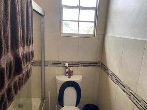 a bathroom with a toilet with a window and a shower at Kingmosei Hide away in Basse Terre Town