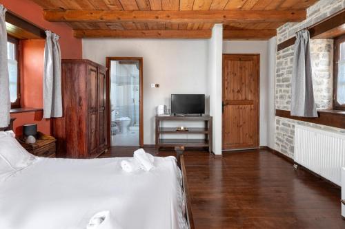 a bedroom with a bed and a tv on a table at Agriogido - Rupicapra Guest Ηouse in Papigko