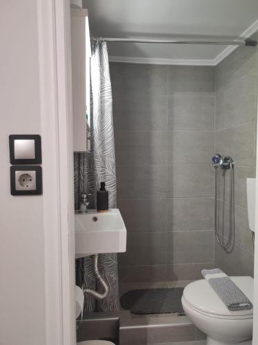 a bathroom with a toilet and a sink at Myrsini Rooms in Mytilene