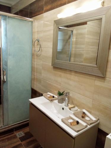 a bathroom with a sink and a shower and a mirror at "Villa Kastania" Melidoni, Chania, Crete in Melidhónion