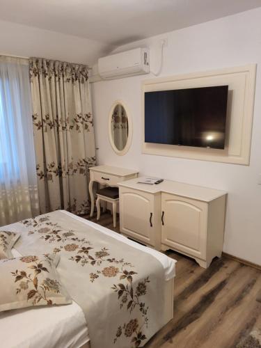 a bedroom with a bed and a desk and a tv at Pensiunea CASA MOLDOVEANA in Piatra Neamţ
