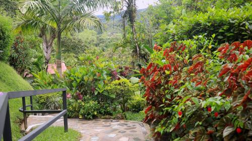 a garden with red flowers and a walk way at Las Terrazas de Dana Boutique Lodge & Spa in Mindo