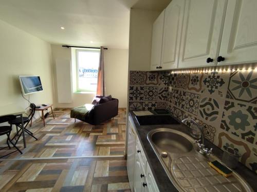 une cuisine avec un évier et un salon dans l'établissement L'ibis City By Nid 'ouest, à Quimper