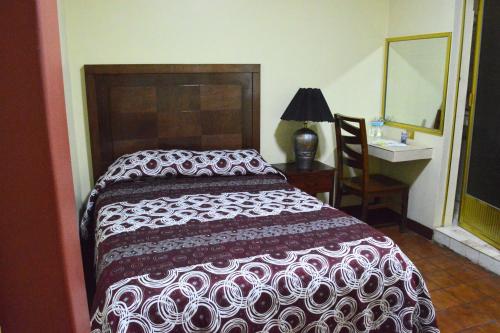 a bedroom with a bed and a sink and a mirror at Hotel Topacio in San Juan de los Lagos