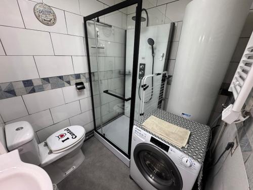 a bathroom with a washing machine and a toilet at La Flânerie Mauriacoise in Mauriac