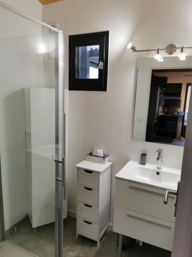 une salle de bain blanche avec un lavabo et une douche dans l'établissement Le chalet de fayolle, à Montrem