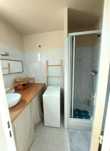 une salle de bain avec toilettes, lavabo et douche dans l'établissement Appartement Les Lavandes, T2 avec terrasse, aux Lecques