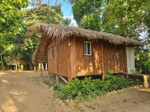 a small shack with a straw roof at Cotton Tree Cabin at Freshwater Creek Cabanas in Hopkins
