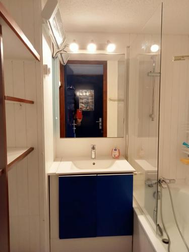 une salle de bain avec un lavabo, un miroir et une douche dans l'établissement Appartement Arzon 4 - 5 PERSONNES , tout à pied, mer - port du crouesty - piscine, à Arzon
