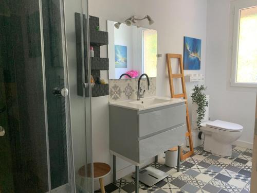une salle de bain avec un lavabo, une douche et des toilettes dans l'établissement Villa Provence Azur - Grand appartement avec piscine proche Méditerranée, à La Seyne-sur-Mer