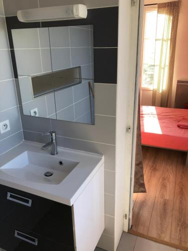 une salle de bain avec un lavabo et un miroir dans l'établissement Quiet and charming studio, à Floirac