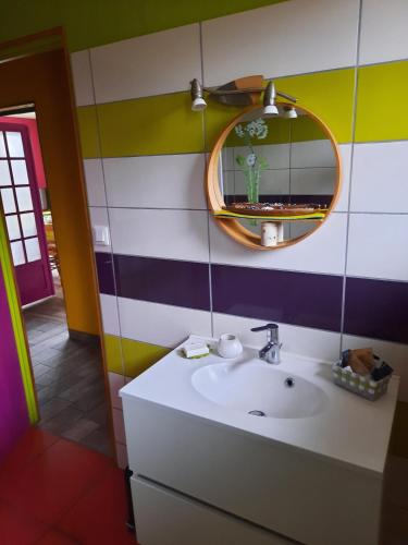 une salle de bain avec un lavabo et un miroir dans l'établissement La halte des voyageurs, à Châtenoy-le-Royal