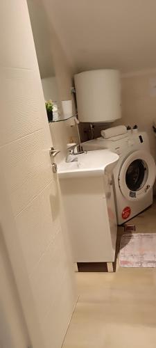a bathroom with a toilet and a washing machine at Lejla apartmani - Jablaničko jezero in Konjic