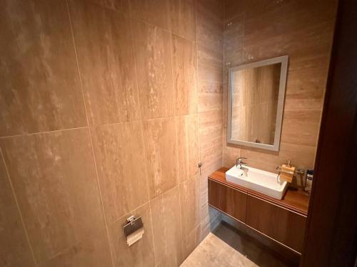 a bathroom with a sink and a mirror at Skyhouse Riga Superior Penthouse & SPA in Rīga
