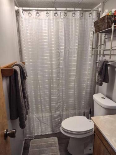 a bathroom with a toilet and a shower curtain at Campground at Sequoia Mountain Farms - Bring Your Own Tent or RV - No Bedrooms or Beds Provided in Miramonte