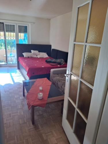 a room with a bed and a table and a door at Apartment in Basel Eurovision! in Basel