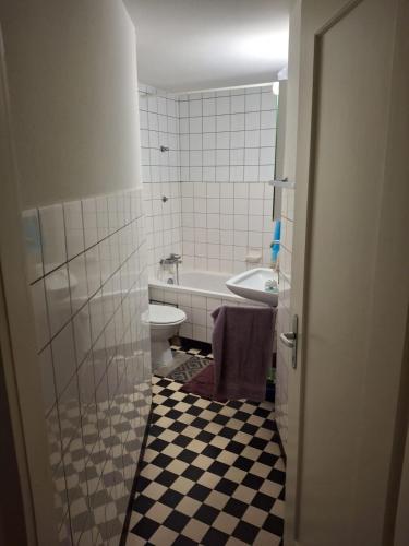 a bathroom with a toilet and a sink and a tub at Apartment in Basel Eurovision! in Basel