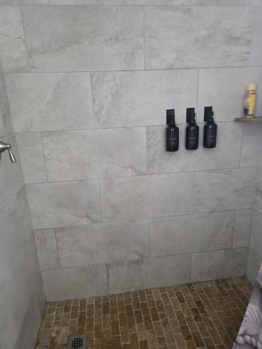 bagno con doccia e 2 bottiglie di sapone di PoolSide Paradise a Port Saint Lucie