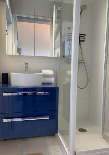 une salle de bain avec un lavabo bleu et une douche dans l'établissement Cosy dream, au Cap d'Agde