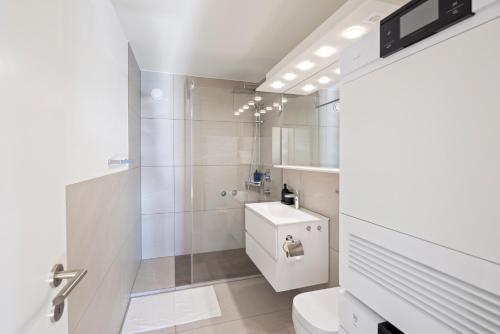 a white bathroom with a toilet and a shower at STAYY On Top Penthouse-Apartment near Airport in Opfikon