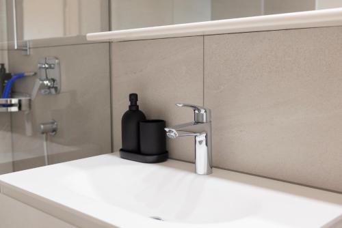 a bathroom sink with a soap dispenser next to a shower at STAYY On Top Penthouse-Apartment near Airport in Opfikon