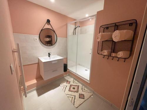 une salle de bain avec une douche, un lavabo et un miroir dans l'établissement Le Refuge du Géant, à Bédoin