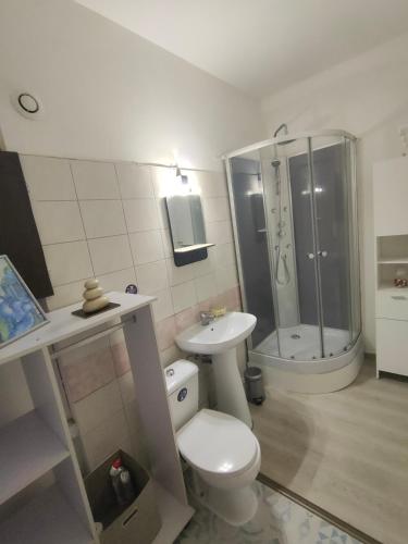 une salle de bain avec toilettes, lavabo et douche dans l'établissement T2 proche mer et tous commerces, à Santa-Lucia-di-Moriani