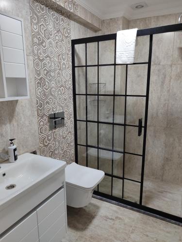 a bathroom with a toilet and a sink and a shower at Villa BB Mugla 1 in Ortaca
