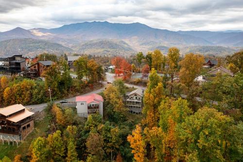 an aerial view of a small town in the mountains at Red Roof Chalet of the Smokies in Gatlinburg