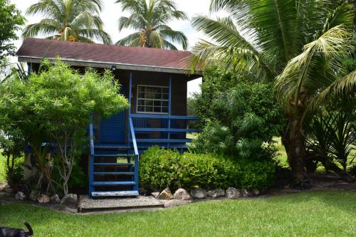 a blue house with palm trees in front of it at CROOКED TREE LODGE Belize in Crooked Tree