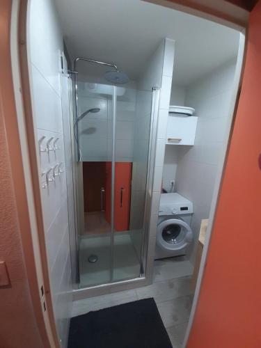 une salle de bain avec douche et toilettes dans l'établissement La Mongie T3 duplex 8 personnes, 2 chambres, 2 alcoves, à Bagnères-de-Bigorre