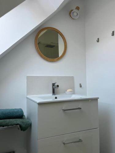 une salle de bain avec un lavabo et un miroir dans l'établissement Appartement T2 en pleine nature au sein d'une ferme au carré, à Wambrechies