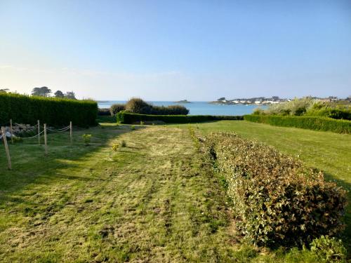 un champ d'herbe avec l'océan en arrière-plan dans l'établissement Gîte & studio de l'Holothurie, à Plouguerneau