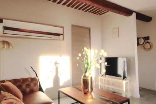 a living room with a couch and a table with a tv at Vieil Antibes Charming Guillaumont in Antibes