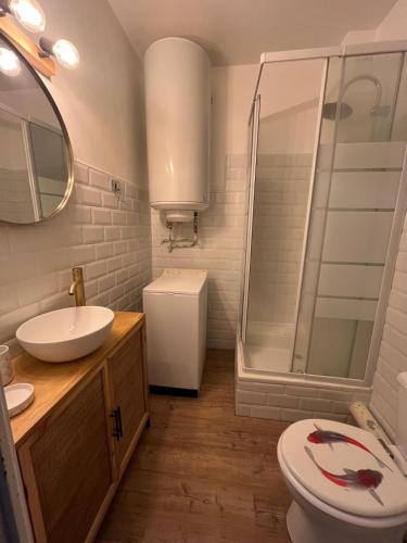 une salle de bain avec toilettes, lavabo et douche dans l'établissement At Anne-Laure and Martine's, à Argelès-sur-Mer