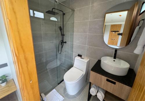 a bathroom with a toilet and a sink and a mirror at Hotel San Gil House in San Gil