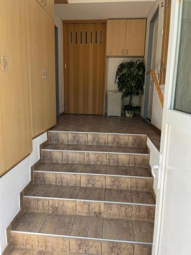 a set of stairs in a house with a door at Chalupa u Čížků in Kanice
