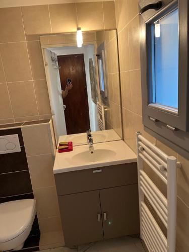 une salle de bains avec lavabo et toilettes et une personne prenant une photo dans l'établissement Mini Villa Jardin Jacuzzi, Vue mer, 300m des plages, à La Ciotat