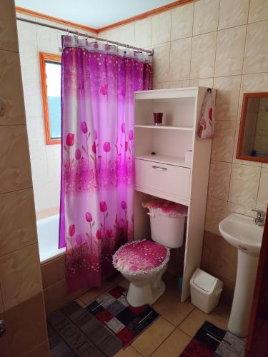 a bathroom with a pink shower curtain and a toilet at Cabaña camino Conguillio Sector Urbano in Melipeuco