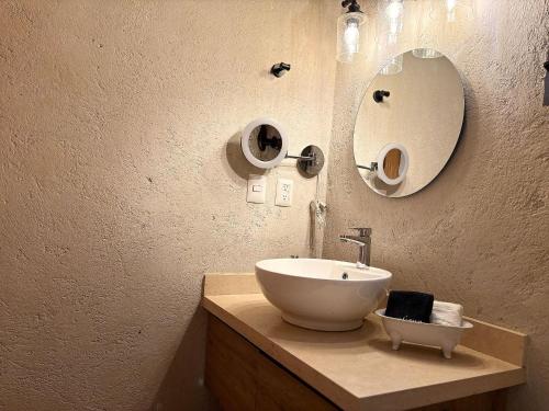 a bathroom with a sink and a mirror at Carrara: Armonía, Lujo y Confort en Val’Quirico in Santeagueda