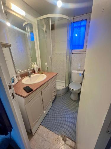 une salle de bain avec un lavabo et des toilettes dans l'établissement Villa Jasmin, à Bobigny