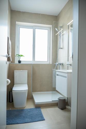 a bathroom with a toilet and a sink and a window at Stella & Rosie - Two Bedroom Apartment's by ELDI in Pieta