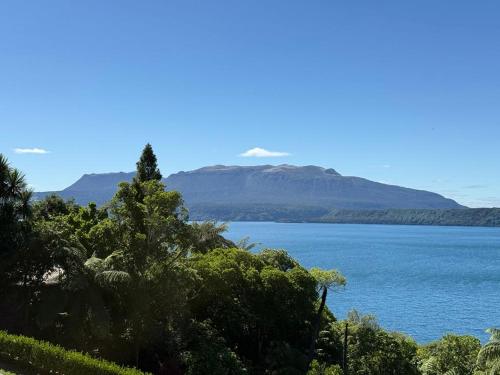 a view of a large body of water with mountains in the background at The Cabin in Rotorua
