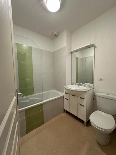 une salle de bain avec toilettes, baignoire et lavabo dans l'établissement Maison aux Demeures du Ventoux, à Aubignan