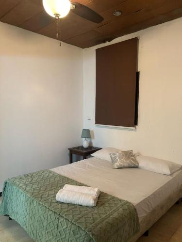 ein Schlafzimmer mit einem Bett mit zwei Handtüchern darauf in der Unterkunft Extraordinaria Casa Tranquila y Ventilada in León
